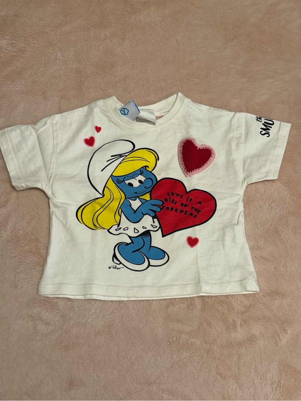 Zara White Smurfette Heart Graphic Tee with Yellow Hair and Red Hearts